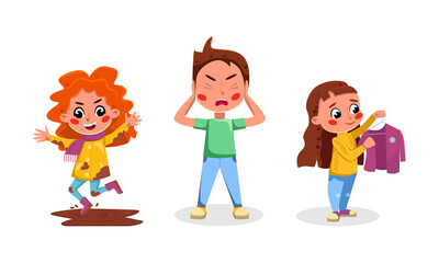 Diligent and naughty children set. Girl jumping in puddle, hanging up her clothes. Boy is angry cartoon vector illustration