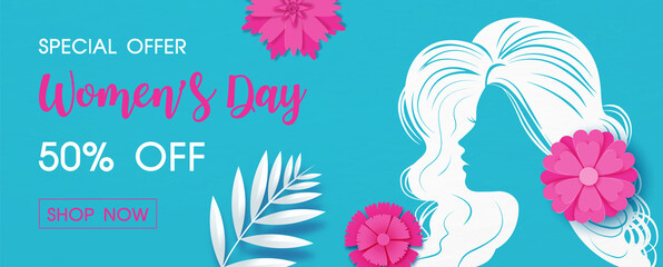 Magenta flowers in paper cut style on white silhouette woman shape with women's day specials offer sale wording isolate on sea green color background.