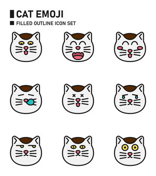 Cat emoji filled outline icon set.