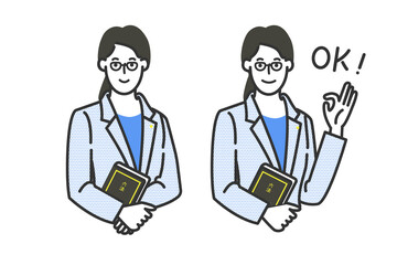 長い髪を束ねた誠実で優しそうな日本の女性弁護士の白バックのシンプルな線画のイラスト