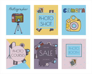 Vector photo cameras sketch banners. Hand drawn style. Different types of cameras in retro and modern style. Doodle accessories for photographers. Flash, lens, light, lens