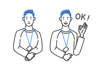 ベンチャーIT企業のエンジニアをイメージしたのアジア人好青年の表情のバリエーションの白バックのシンプルな線画のイラスト