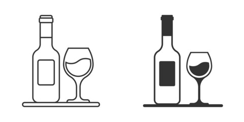 Wine glass and bottle icon in flat style. Champagne beverage vector illustration on isolated background. Cocktail drink sign business concept.