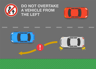 Safety car driving rules and tips. Overtaking or passing rules on the left-hand traffic. Do not overtake a vehicle from the left. Flat vector illustration template. - obrazy, fototapety, plakaty