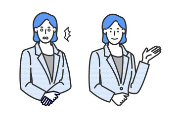 スーツ姿のビジネスウーマンのマルバツやオッケーなどの表情バリエーションの白背景に線画のシンプルなイラスト