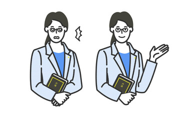 長い髪を束ねた誠実で優しそうな日本の女性弁護士の白バックのシンプルな線画のイラスト