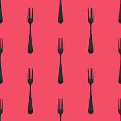 Seamless pattern. Fork top view on purpur red background. Template for applying to surface. Flat lay. 3D image. 3D rendering.