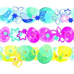 Fototapeta na wymiar Curbs. Easter egg patterns. Seamless wreath of Easter multicolored eggs and bows. Bright cartoon picture. For the church celebration of the consecration of eggs and talking. Printing on fabric and pap