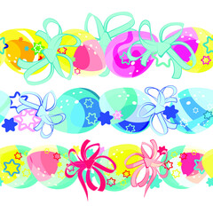 Fototapeta na wymiar Curbs. Easter egg patterns. Seamless wreath of Easter multicolored eggs and bows. Bright cartoon picture. For the church celebration of the consecration of eggs and talking. Printing on fabric and pap