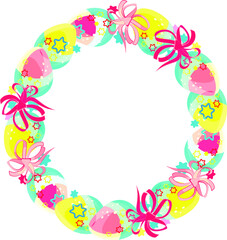 A wreath. Easter egg frame. Round sublimation of Easter colorful eggs and bows. Bright cartoon picture. For the church celebration of the consecration of eggs.