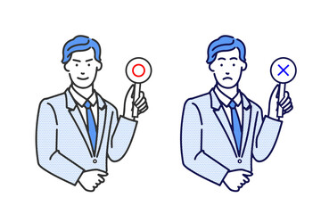 スーツにネクタイ姿のビジネスマンのマルバツやオッケーなどの表情バリエーションの白背景に線画のシンプルなイラスト