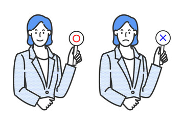 スーツ姿のビジネスウーマンのマルバツやオッケーなどの表情バリエーションの白背景に線画のシンプルなイラスト