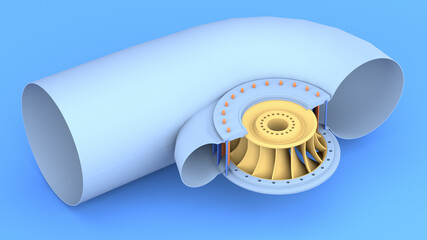 Sectional view of a spiral chamber hydro turbine. Part of a hydroelectric power plant. 3d render