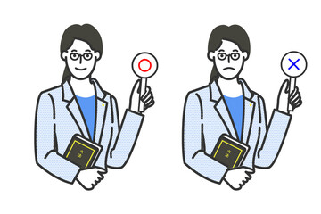 長い髪を束ねた誠実で優しそうな日本の女性弁護士の白バックのシンプルな線画のイラスト