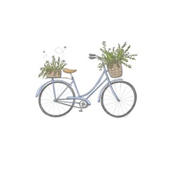 Blue retro bike with baskets of spring daisy flowers and green leaves on a white background