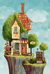 Cute summer and spring book shop with shelf, trees, flowers, rock, chair and sky. Hand drawn digital watercolor illustration.