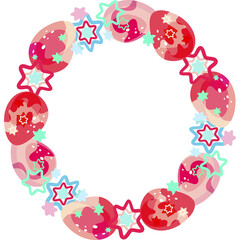 A wreath. Easter egg frame. Round sublimation of Easter colorful eggs and bows. Bright cartoon picture. For the church celebration of the consecration of eggs.