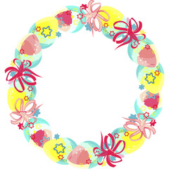 A wreath. Easter egg frame. Round sublimation of Easter colorful eggs and bows. Bright cartoon picture. For the church celebration of the consecration of eggs.