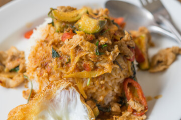 Stir Fried Pork in Red Curry Paste with Rice and Fried Egg - Local Asian Food