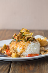 Stir Fried Pork in Red Curry Paste with Rice and Fried Egg - Local Asian Food
