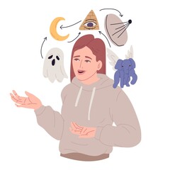 The woman talks, jumping from topic to topic. Symptom of schizophrenia: disorganized thinking. Conceptual illustration of a mental disorder. Flat cartoon picture.