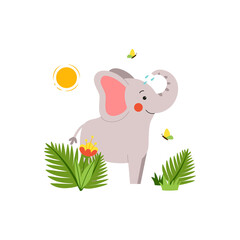 Cute young elephant standing in the green grass. Funny vector illustration with african wild animal for kids posters, textile or print on any surface