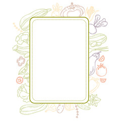 square frame sticker made of linear hand drawn vegetables and root crops .Zucchini and beets, tomatoes and peas, pumpkin and onion, cabbage and eggplant. Vector illustration in vintage style