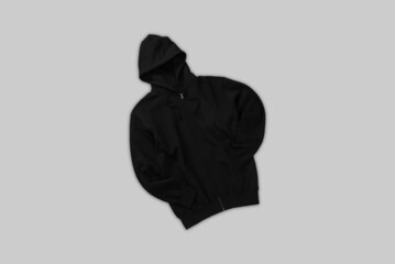 Black zip hoodie flay lay concept top view isolated on plain background