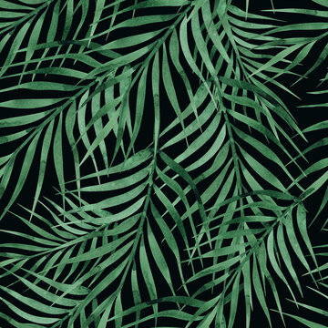 Night jungle print, seamless tropical pattern with palm branches, watercolor texture 
