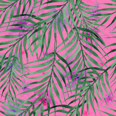 Coconut palm branches seamless pattern on pink watercolor background 