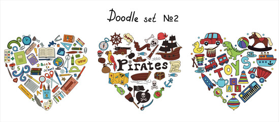 Vector doodle pirate, toys, school supples sets. A map with a hand-drawn sketch of a mermaid ship and pirate items. Template for children s postcards. Map of treasure island. Hand draw collection of