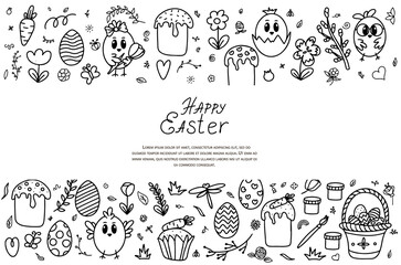 Easter traditional doodle collection - eggs, chickens, basket, Christian vector set decorating. Vector hand drawings ilustration isolated Background
