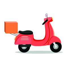 Red retro moped carries parcels. Vector Stock illustration. White background. Isolated. Transportation of goods. Vehicle. Logistics.