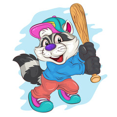 Cartoon Baseball Player Raccoon. An illustration of a cartoon Raccoon with a baseball bat in his hands. Unique design, Childish illustration.