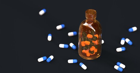 pills bottle and blue and white pharmaceuticals pills 3D computer generated 