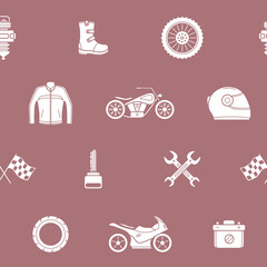 Moto - Vector background (seamless pattern) of silhouettes motorcycle, engine, wheel, helmet and other parts and accessories for graphic design