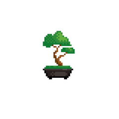 Bonsai tree japan pixel art icon. Element design for logo, stickers, web, embroidery and mobile app. Isolated vector illustration. 8-bit sprite.