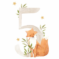 Beautiful stock illustration with watercolor hand drawn number 5 and cute fox animal for baby clip art. Five month, years.
