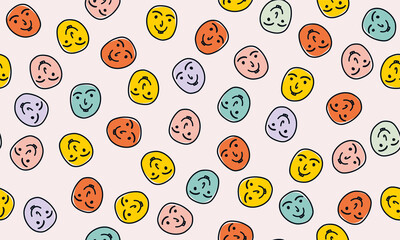 Fototapeta na wymiar Colorful happy smiley cute face seamless pattern with hand drawn cartoon comic style. Modern trendy flat design illustration for kids, background, wallpaper, textile, giftware, book.