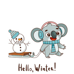 Happy baby koala in a scarf is sledding a snowman in a hat. Lettering Hello, winter. Vector illustration for designs, prints and patterns. Isolated on white background