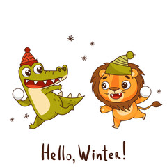 Baby crocodile and baby lion in a hat play snowballs around a snowflake. Lettering Hello, winter. Vector illustration for designs, prints and patterns. Isolated on white background