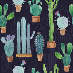 Seamless watercolor pattern with cacti in flowerpots and art graphic elements on black. Floral art background. Perfect for design templates, wallpaper, wrapping, fabric and textile.