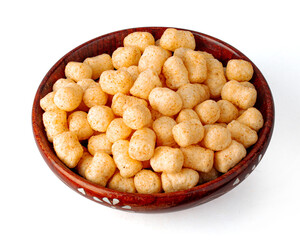 Corn Cheese balls in wooden bowl on white background
