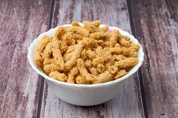 Indian snacks or soya sticks bowl in white bowl