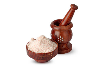 Indian style wooden Mortar and pestle with himalyan salt in wooden bowl