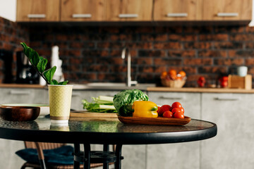 Fototapeta na wymiar Fresh vegetables on the kitchen table for healthy food preparation