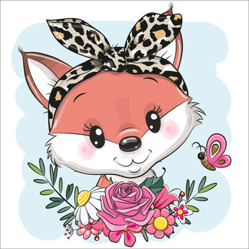 Cartoon Fox with flowers and a bow