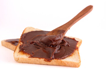 choco spread with bread on white background