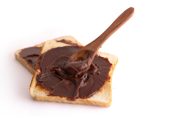 choco spread with bread on white background
