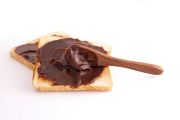 choco spread with bread on white background